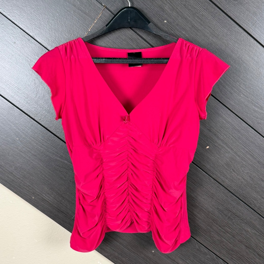JTB Women's Hot Pink Ruched V Neck Top Size Small Y2K Going Out Made In USA